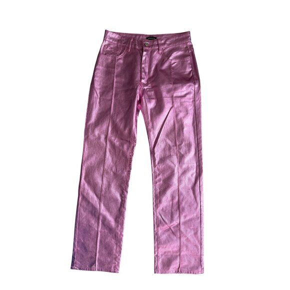 PRETTY LITTLE THING PTL Pink Metallic Straight Leg Pants Jeans Size US 6 - Picture 8 of 9